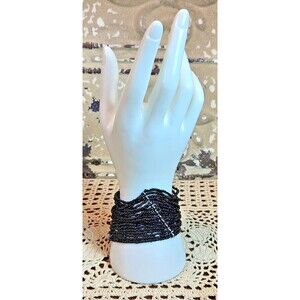 Thick Black Seed Bead Stretch Bracelet w/ Silver Tone Anchor Strip